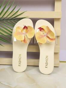 1 Pair Teenage Orchid Decor Transparent Strap Sandals, Sweet Floral Flat Slippers, Fashionable Casual Slip-On Sandals For Vacation - White - View 9