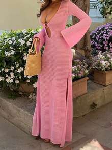 Women's Sexy Long Sleeve Knit Maxi Dress, Spring/Summer Beach Vacation Solid Color Crochet Long Sweater Dress, Bohemian Style Casual Elegant Deep V-Neck Sweater Dress - Pink - View 5