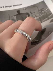 Bộ 5 chiếc nhẫn hình trái tim đan chéo bất đối xứng hình học thanh lịch, đính đá Cubic Zirconia lấp lánh, phù hợp cho nữ giới đeo hàng ngày, đi làm, dự tiệc, đám cưới (Không kèm hộp quà). - Bạc - Xem 10