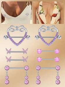 CIZME 1pair Sparkling Zirconia Pink Heart & Butterfly Nipple Barbells Nipple Rings,14G Heart Shaped Dangle Nipple Barbells Rings,Nipple Piercing Jewelry,Romantic Date Night Accessory Valentine's Day Gift - Silver - View 1