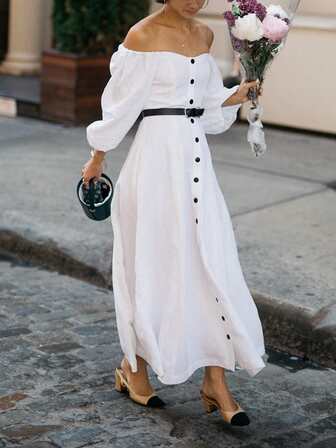 PENOY 女士性感泡泡袖纯色休闲宽松优雅露肩长裙，适合下午茶、郊游、街头、派对、海滩度假、节日、户外活动等场合。