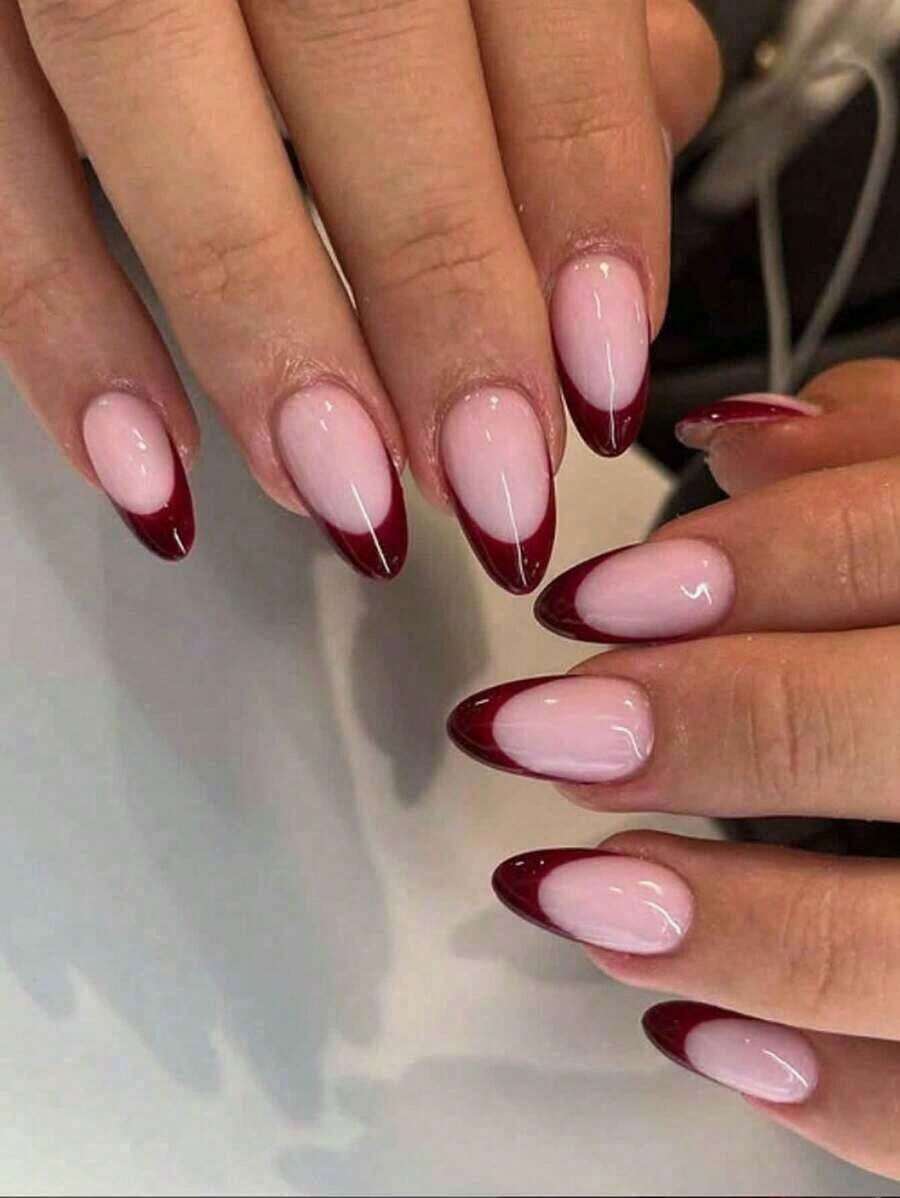 24Pcs Short Almond Press On Nails Red French Tip Nails Minimalist Style Full Cover For Women Girls Daily Wear Summer Nails Art Nail Supplies Nails(Random Delivery) - 隨機的 - 查看 1