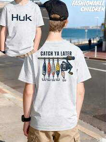 Tween Boy Clothes T-Shirt With Round Neck And Short Sleeves, Huk Fishing Pattern Printed T-Shirt, Spring And Summer, Outdoor Leisure Sports, Comfortable And Breathable Fabrics, Boys Clothes, Machine Washable, Suitable For School Season, Daily Leisure Travel, Outdoor Activities, School Daily Wear, Perfect Children's Gift. - 灰色 - 查看 1