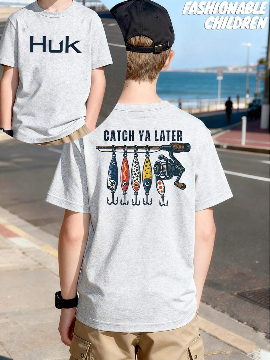 Tween Boy Clothes T-Shirt With Round Neck And Short Sleeves, Huk Fishing Pattern Printed T-Shirt, Spring And Summer, Outdoor Leisure Sports, Comfortable And Breathable Fabrics, Boys Clothes, Machine Washable, Suitable For School Season, Daily Leisure Travel, Outdoor Activities, School Daily Wear, Perfect Children's Gift. - 灰色 - 查看 1