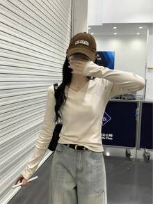 Áo lót dài tay cổ tròn xếp ly màu trơn dành cho nữ, thích hợp cho mùa thu sớm, phong cách thường ngày. - Màu be - Xem 9