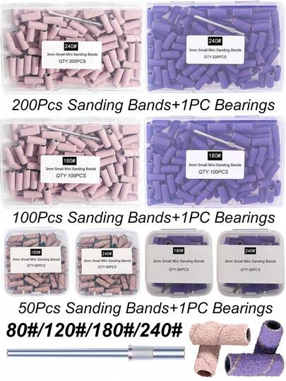 50/100/200 cái/hộp kèm 1 trục mini, vòng mài nhám mini 3mm cho nail art (80# 120# 180# 240#), đầu mài cho máy mài điện, phụ kiện dụng cụ làm móng tay, tẩy da chết