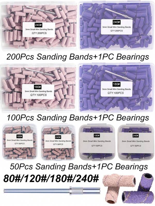 50/100/200Pcs/Box With 1PC Mini Mandrel Nail Art 3mm Mini Grinding Sand Ring Bands(80# 120# 180# 240#)Electric Grinding Machine Nail Grinding Head Manicure Accessories Tools Dead Skin Remover
