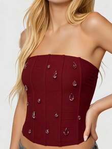 Women Tube Tops Sleeveless Strapless Rhinestone Decor Slim Fit Summer Crop Vest - Burdeos - Ver 5