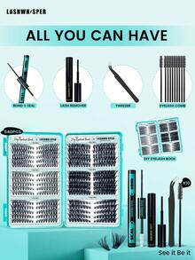 DIY睫毛嫁接套装，包含30-100D蓬松簇状假睫毛，打造自然轻盈妆效，长度9-16毫米，D卷度，双头胶水和密封剂，卸妆液，镊子和睫毛梳。 - 淺藍色 - 查看 3