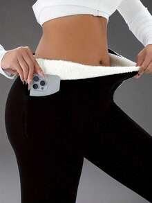 Women's Thermal Fleece Leggings - Autumn Winter High Waist Slim Fit Warm Pants - 黑色 - 查看 1