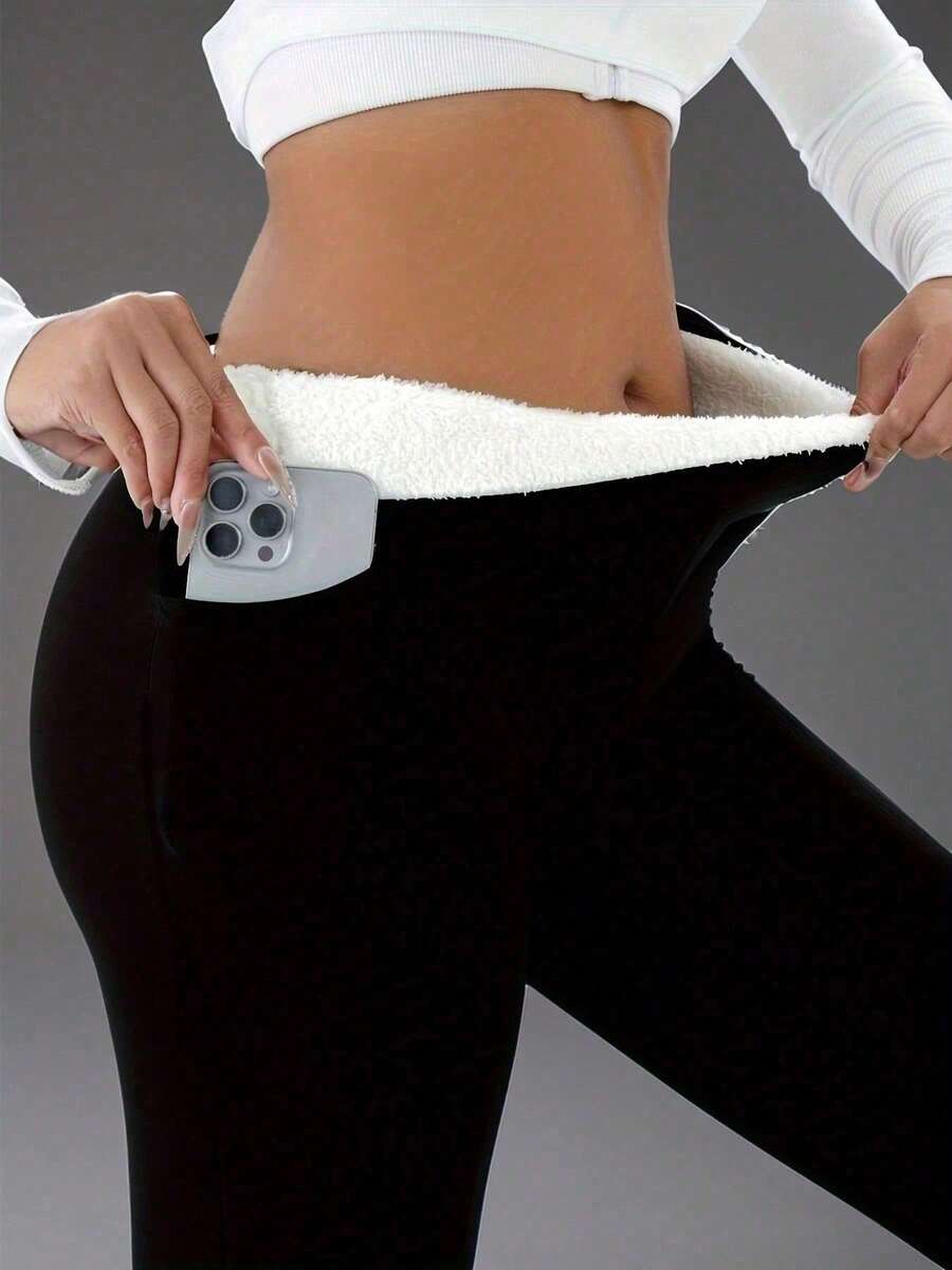 Women's Thermal Fleece Leggings - Autumn Winter High Waist Slim Fit Warm Pants - 黑色 - 查看 1