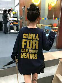女款春季新款字母對比色印花休閒寬鬆街頭風長袖T恤上衣 - 藏藍 - 查看 4