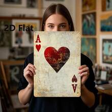 2D Flat: This Is A Vintage Metal Sign With 2D Flat Design, Measuring 8.0X 12.0inch Inches. It Showcases A Rustic Aesthetic With A Distressed Yellow Background And Red And White Playing Card Patterns, Room Decorations - Multiple - View 7