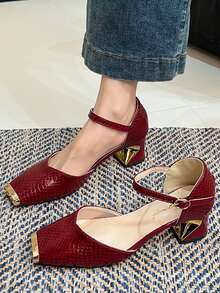 Square Toe Studded Mary Jane Shoes, Versatile Buckle Strap Black High Heels, Fashionable Sexy Slingback Red Patent Leather Chunky Heels For Women - Red - View 8