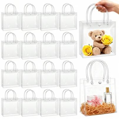 20 Packs Clear Gift Bags With Handles, 7.87" X7.87" X 3.15" Small Reusable Plastic Party Favor Bags Bulk, Transparent PVC Tote Bag For Wedding, Birthday, Valentine's Day Boutique, Shopping