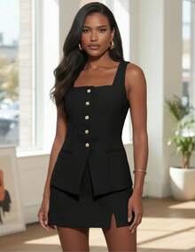 TendenciaTraje De Dos Piezas Con Falda Y Chaleco Para MujerCalidad premium - Negro - Ver 7