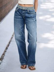 Women's Vintage Mid-Rise Straight Jeans Casual Patchwork Loose Jeans Back Pocket Flap Jeans - Rửa trung bình - Xem 4