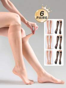 3/6/10 Pairs Women Apricot & Black 15D Knee High Stockings, Anti-Snag, Core-Spun, Sexy, Ultra-Thin, Ultra-Sheer, Versatile Thigh High Socks, Suitable For Work, Party, Gift, Fall, Cozy