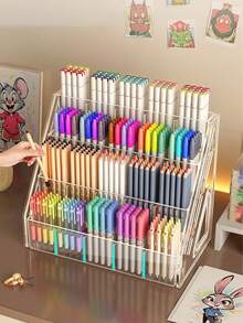 1个大容量水彩笔筒 - 亚克力分隔笔托盘 - 桌面绘画收纳架 - 马克笔收纳盒 - 开学季桌面整理盒 - 彩色 - 查看 5