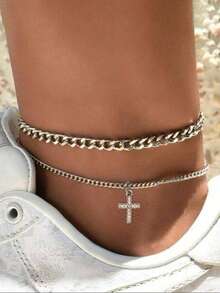Tkool 2pcs/Set Women Anklet Set, Boho Summer Beach Vacation Layered Style, Copper Inlaid Cubic Zirconia Cross Pendant Curb Chain Double Layer Anklet Bracelet Accessory Gift - Silver - View 5