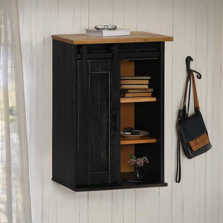 VidaXL Armoire suspendue HALDEN porte coulissante noir 49x22.5x70 cm - Noir - Voir 1