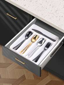1pc Flatware Organizer Box, Silverware Storage Box, Kitchen Drawer Storage Tray, Flat Cutlery Organizer, Made Of Plastic PP Material, Suitable For Kitchen Countertop, Cabinet Drawer Storage, Compartment Organizer For Utensils, Chopsticks And Tools - White - View 6