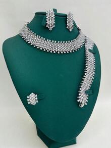 4pcs/Set Copper Cubic Zirconia Luxury Evening Jewelry Set - Necklace, Bracelet, Earrings, Ring With Tassel, Bridal Wedding Gift - White - View 3