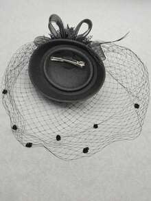 3 件套女士头饰帽子，含蕾丝手套，适合茶会、50 年代复古婚礼头纱和发夹 - 黑色 - 查看 6