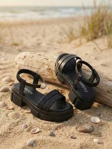 1 Pair Girls' Summer High Heel Sandals, Solid Black Simple Versatile, Double Strap Pearl Slip-On Sandals, Suitable For Beach And Daily Wear - Black - View 5