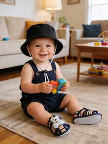 2Pcs Baby With Tether Windproof Bucket Hat & Silicone Anti-Slip Socks Set - 0-12 Months Unisex Windproof Sun Protection Black Pink Blue - Multicolor - View 2