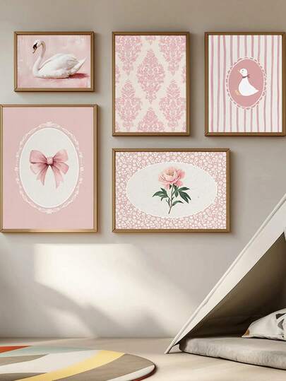 1pc Canvas Wall Art - A Duck On A Pink Striped Background, A Swan, A Pink Bow, Floral Patterns, And A Peony Print-Baby Room Decor Featuring Soft Pink Tones And Classic Motifs Baby Products_ Framed Baby Room Wall Art Perfect For Playroom Decor Baby Room Decor, Nursery Decor, Kindergarten Decor, Boy's Room Decor Girl's Bedroom Decor