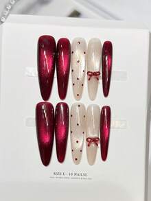 10pcs Handmade Nails Oval Nails Press On Nails Long Extra Long, Minimalism Red White Nails, Flashy Cateye, Small Snow Diamond Rhinestone Inlaid, Luxury Elegant Handcrafted Autumn Nails, Fall Press On Nails, Valentine's Day New Year Festival Nail Party Daily & Dating Use Beach Tropical Getaway Suitable,DIY False Nail Art Suitable For Women & Girls As Gift Nail Supplies - Red - View 8
