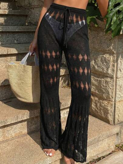 Women's European And American Style Sheer Knit Long Sleeve Cropped Top And Flared Leg Pants Set