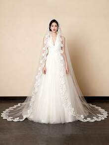 1pc 2.6m Long White Single Layer Lace Trim Bridal Veil, Wedding Ceremony Photoshoot Accessory - White - View 1