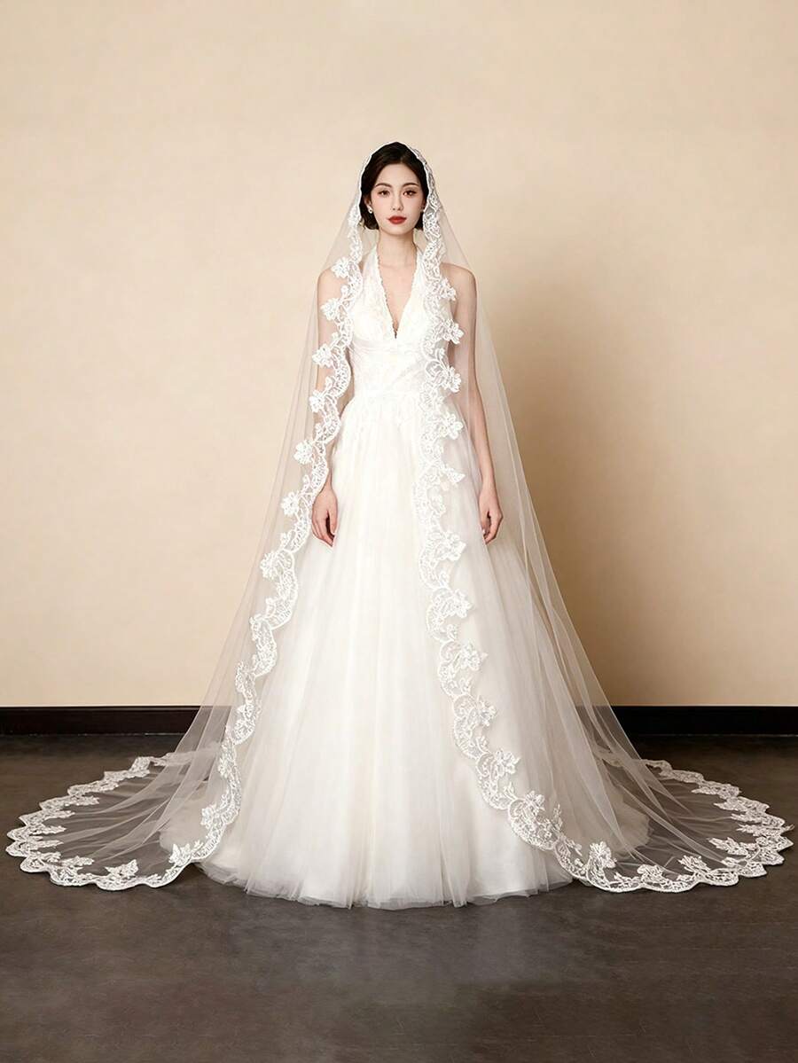 1pc 2.6m Long White Single Layer Lace Trim Bridal Veil, Wedding Ceremony Photoshoot Accessory - White - View 1