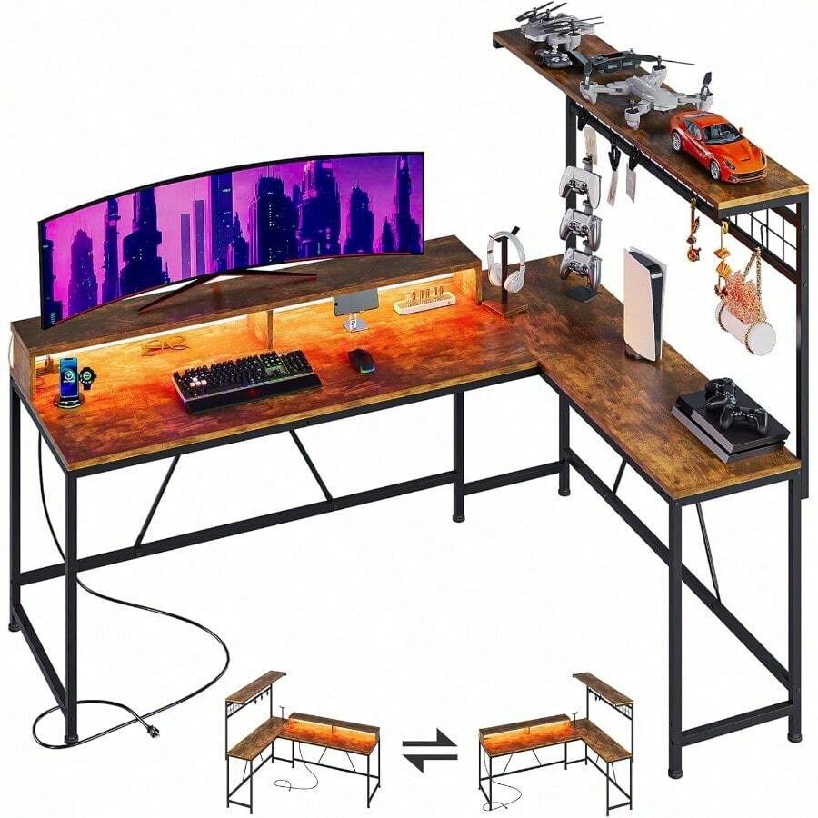 NEW Escritorio en LEscritorio Gamer con Reeta y Tira LED Reversible con Estante Escritorios L Escritorios Gamer en L con Soporte para Auriculares con Espacio de Almacenamiento. Retro - ColorRetro - Ver 1