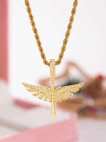 1件时尚铜合金锆石天使翅膀十字架吊坠项链，适合旅行、派对、聚会、装饰。