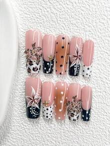 10pcs Y2K Stylish Handmade Nail Stickers, Available In Nude, White, Black, Includes Polka Dot Pattern, Hand-Painted 5-Petal Flowers, Leopard Print Floral Decor And Gold Star Accessories. 3 Styles Available: Almond-Shaped, Square, Duck Mouth Nail Stickers. Includes Tool Kit (1pc Jelly Sticker + 1pc Nail File). Suitable For Women And Girls, Can Be Used For Daily Photos, Parties, Autumn/Winter Season. Nails - Nhiều màu - Xem 14