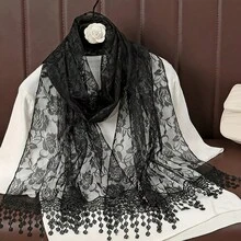 Elegant Black Floral Lace Scarf For Women, Vintage Rose Pattern Lace Shawl, Aesthetic Sheer Headscarf & Neck Wrap, Lightweight Retro Lace Wrap For Church, Party & Daily Wear - 黑色 - 查看 2