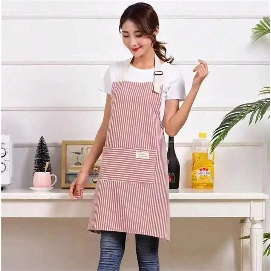 Adjustable Colorful Striped Apron, Unisex, Simple Design, With Pockets, Suitable For Chefs, Waiters, Kitchen Staff, Barbecue Workers, Hairdressers, Etc. A Practical Kitchen Tool, Machine Washable, And Makes A Great Gift. - 紅色 - 查看 1
