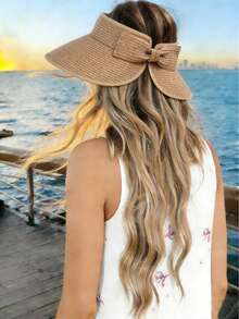 1顶时尚可折叠女士帽子，带蝴蝶结、马尾辫孔、无帽檐，适合户外、海滩、旅行、防晒，巴拿马草帽 - 米色 - 查看 7