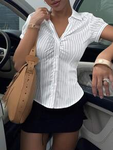 女士休闲通勤条纹前开襟修身衬衫，夏季白色 - 白色 - 查看 6