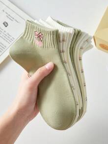 5 Paar Damen süße atmungsaktive Kirsche Schleife gestreifte kurze unsichtbare Socken, Knöchelsocken/Kniestrümpfe, weiße Socken, grüne Socken, geeignet für den täglichen Lässig-Stil, ganzjährig - Verschiedenfarbig - Übersicht 8