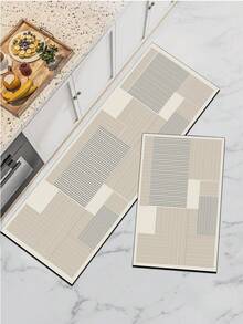 1pc Silica Gel Kitchen Floor Mat, Geometric Patchwork Striped Pattern: White Base With Interlocking Light Gray/Pale Gray Blocks, Each Block Filled With Dense Horizontal Line Textures, Presenting A Minimalist Modern Geometric Style. - Multicolor - View 1