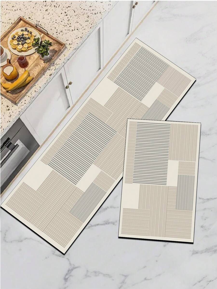 1pc Silica Gel Kitchen Floor Mat, Geometric Patchwork Striped Pattern: White Base With Interlocking Light Gray/Pale Gray Blocks, Each Block Filled With Dense Horizontal Line Textures, Presenting A Minimalist Modern Geometric Style. - Multicolor - View 1