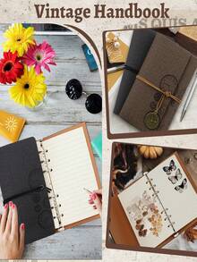 A6 Monthly Planner, Travel Notebook, Loose-Leaf Diary, Replaceable Six-Hole Binder, Replaceable Loose Pages, Reusable PU Leather Cover, PU Leather-Bound Six-Hole Binder Diary, Retro Replaceable-Leaf Travel Notebook (Includes Lined, Blank, Grid, And Kraft Paper), Scrapbook Diary With Pendant (A6, 80 Pages), Reusable Sticker Book/Sticker Collection Album (Will Not Damage Stickers), Ideal Gifts For Friends And Family. - Multicolor - View 3