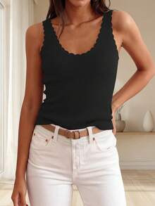 Womens Summer Sleeveless Tank Tops V Neck Ruffle Lightweight Ribbed Knit Shirt Casual Going Out Top - Black - View 6