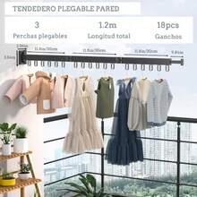 Tendedero de ParedEstante de Ropa Retractil para Ahorro de Espacio Capacidad de Carga 35KG Con 18 Ganchos y 1 Barra Ángulo Ajustable 360° Tendedero Plegable para Ropa para Balcón Interior y Exterior - Negro33 - Ver 5