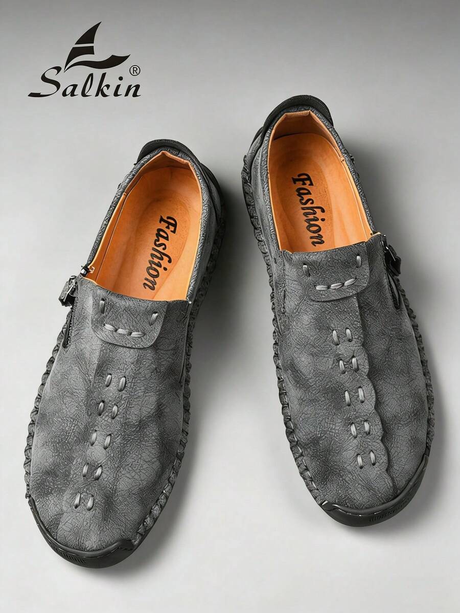 Salkin 经典设计师手工男士乐福鞋，纯色仿麂皮鞋面，侧拉链，休闲一脚蹬鞋，内衬柔软舒适，防滑橡胶外底，适合户外散步和驾驶 - 灰色 - 查看 1