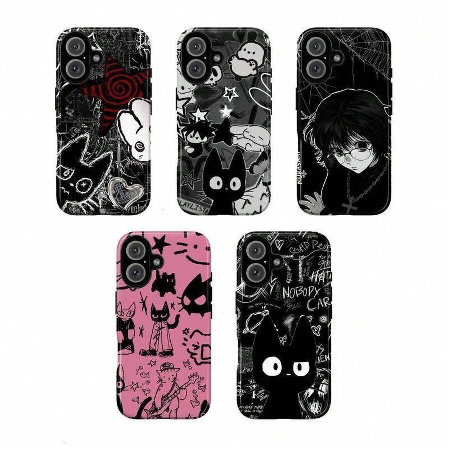 Funda de Teléfono Estética de Anime y Gato Negro Grunge Compatible con, 11, 12, 13, 14, 15, 16, 17 - 4 - Ver 1